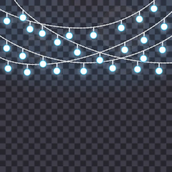 Conjunto de luces de cadena superpuestas y brillantes sobre un fondo transparente. Ilustración vectorial — Vector de stock