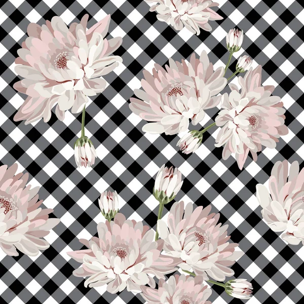 Patrón inconsútil floral con crisantemos en gingham, fondo comprobado . — Vector de stock