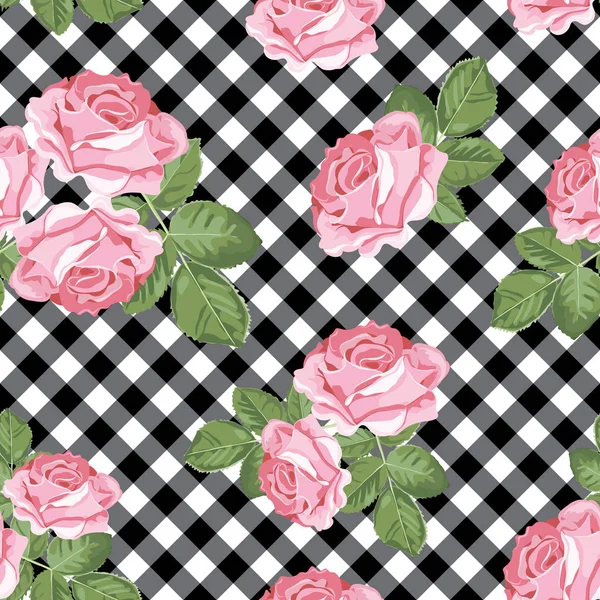 Rosen nahtloses Muster auf schwarz-weißem kariertem Hintergrund. Vektorillustration — Stockvektor