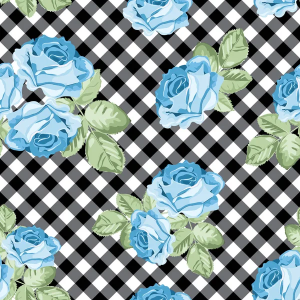 Patrón sin costuras de rosas en blanco y negro, fondo a cuadros. Ilustración vectorial — Vector de stock