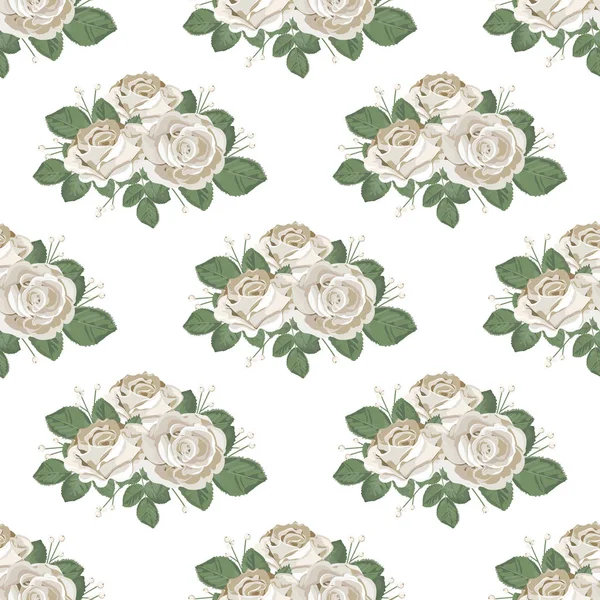 Patrón retro floral sin costura. Rosas sobre fondo blanco. Ilustración vectorial — Vector de stock