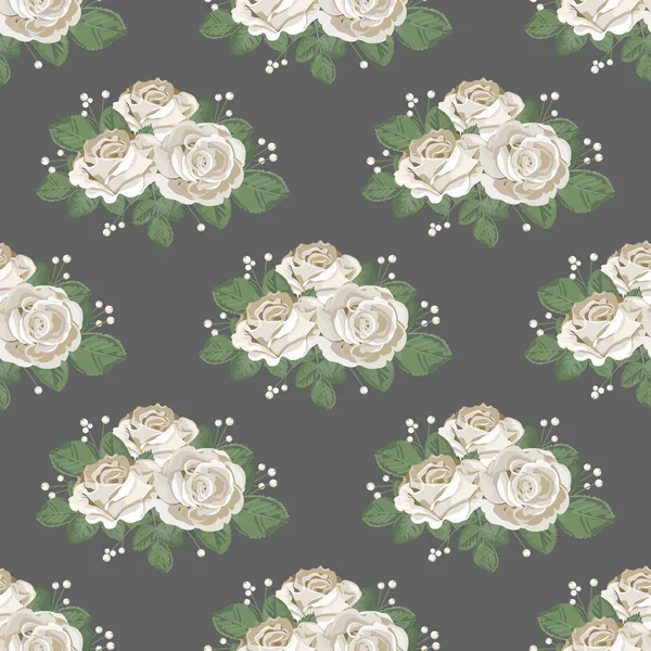 Patrón retro floral sin costura. Rosas blancas sobre fondo oscuro. Ilustración vectorial — Vector de stock