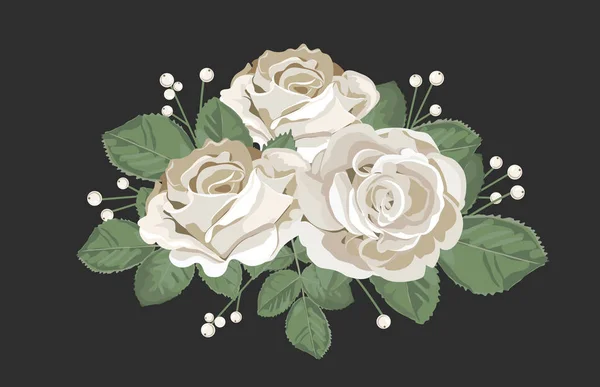 Diseño de ramo retro. Rosas blancas con hojas y bayas sobre fondo negro. Ilustración tierna vector floral en estilo acuarela vintage . — Vector de stock