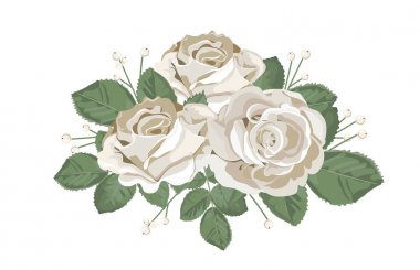 Retro buket tasarım. Beyaz gül yaprakları ve berry ile. İhale çiçek vektör çizim vintage suluboya tarzında.