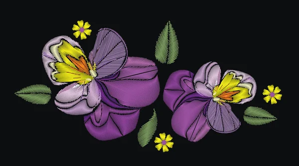 Bloemen geïsoleerd op zwarte achtergrond. Vectorillustratie. Borduurwerk element voor patches, badges, stickers, wenskaarten, patronen, t-shirts. — Stockvector