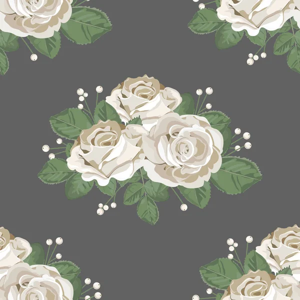 Padrão sem costura floral retro. Rosas brancas no fundo escuro. Ilustração vetorial — Vetor de Stock