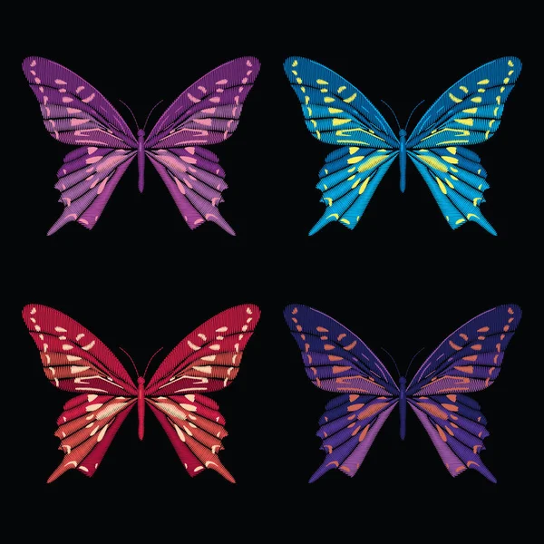 Conjunto coleção de borboletas isoladas em fundo preto. Ilustração vetorial. Elementos de bordado para remendos, emblemas, adesivos, cartões de saudação, padrões — Vetor de Stock