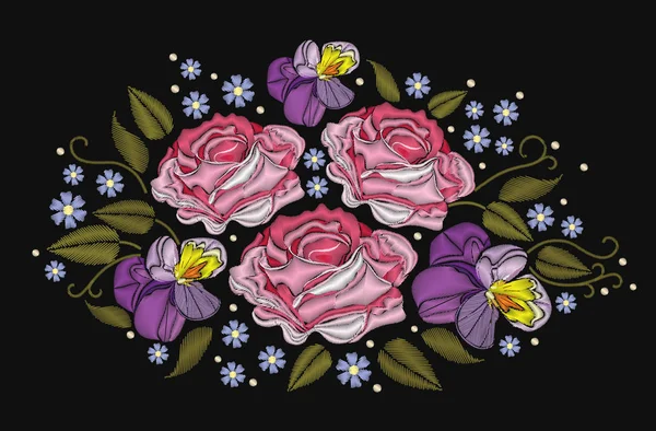 花バラとパンジーを黒の背景に分離されました。ベクトルの図。パッチ、バッジ、ステッカー、グリーティング カード、パターン、t シャツの刺繍要素. — ストックベクタ