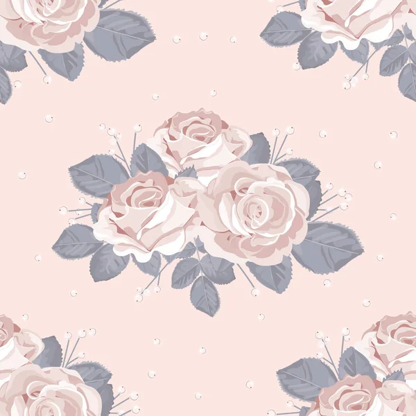 Patrón retro floral sin costura. Rosas blancas con hojas grises azules sobre fondo rosa pastel. Ilustración vectorial — Vector de stock