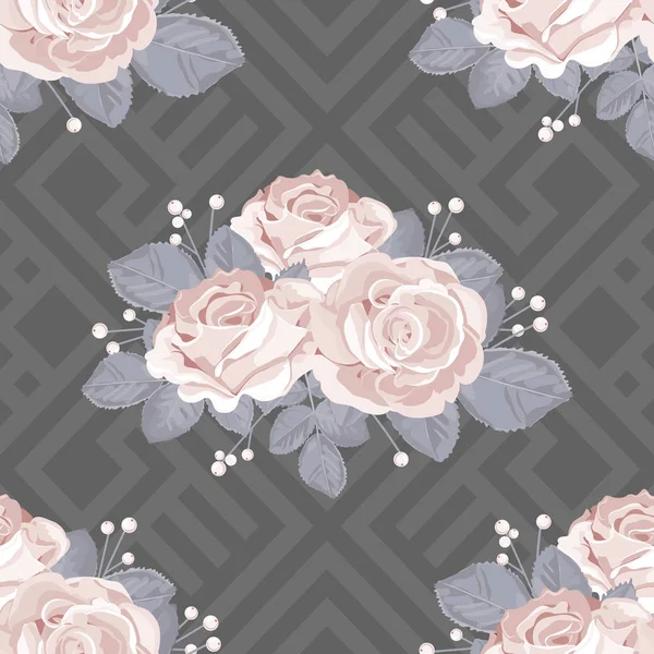 Patrón sin costura floral. Rosas con hojas sobre fondo geométrico gris. Ilustración vectorial . — Vector de stock