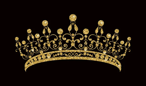 Glinsterende diadeem. Gouden tiara geïsoleerd op zwarte achtergrond. — Stockvector