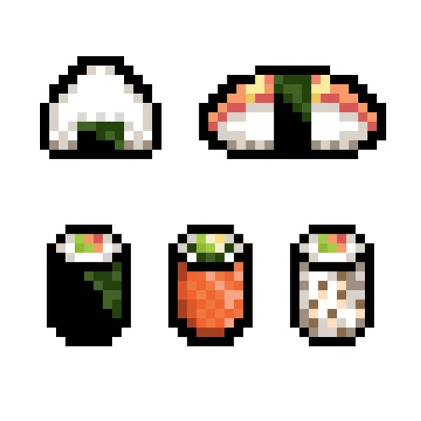Collezione di set con sushi. Stile Pixel art. Illustrazione vettoriale — Vettoriale Stock
