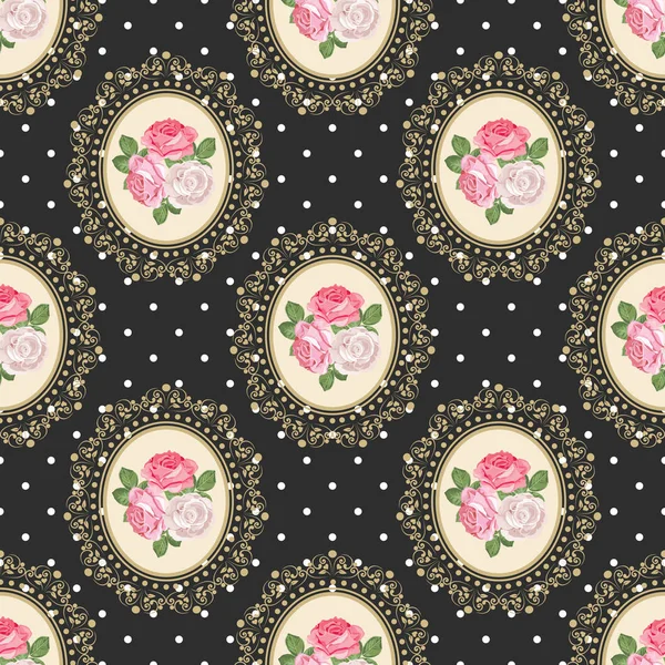 Shabby chic rosa patrón sin costuras sobre fondo de lunares negro — Vector de stock