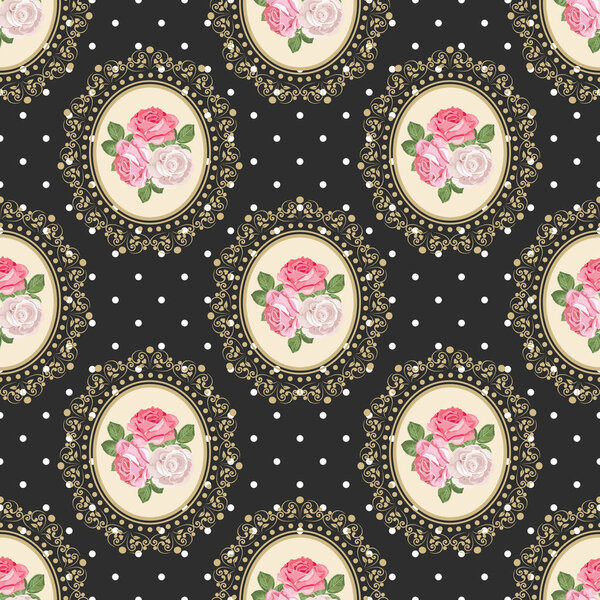 Shabby chic rose seamless pattern on black polka dot background