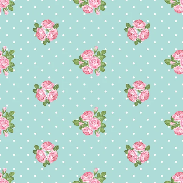 Shabby chic rosa patrón sin costuras sobre fondo de lunares — Vector de stock