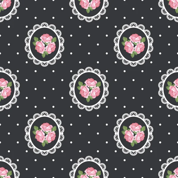 Shabby chic rose seamless pattern on black polka dot background — Stock Vector