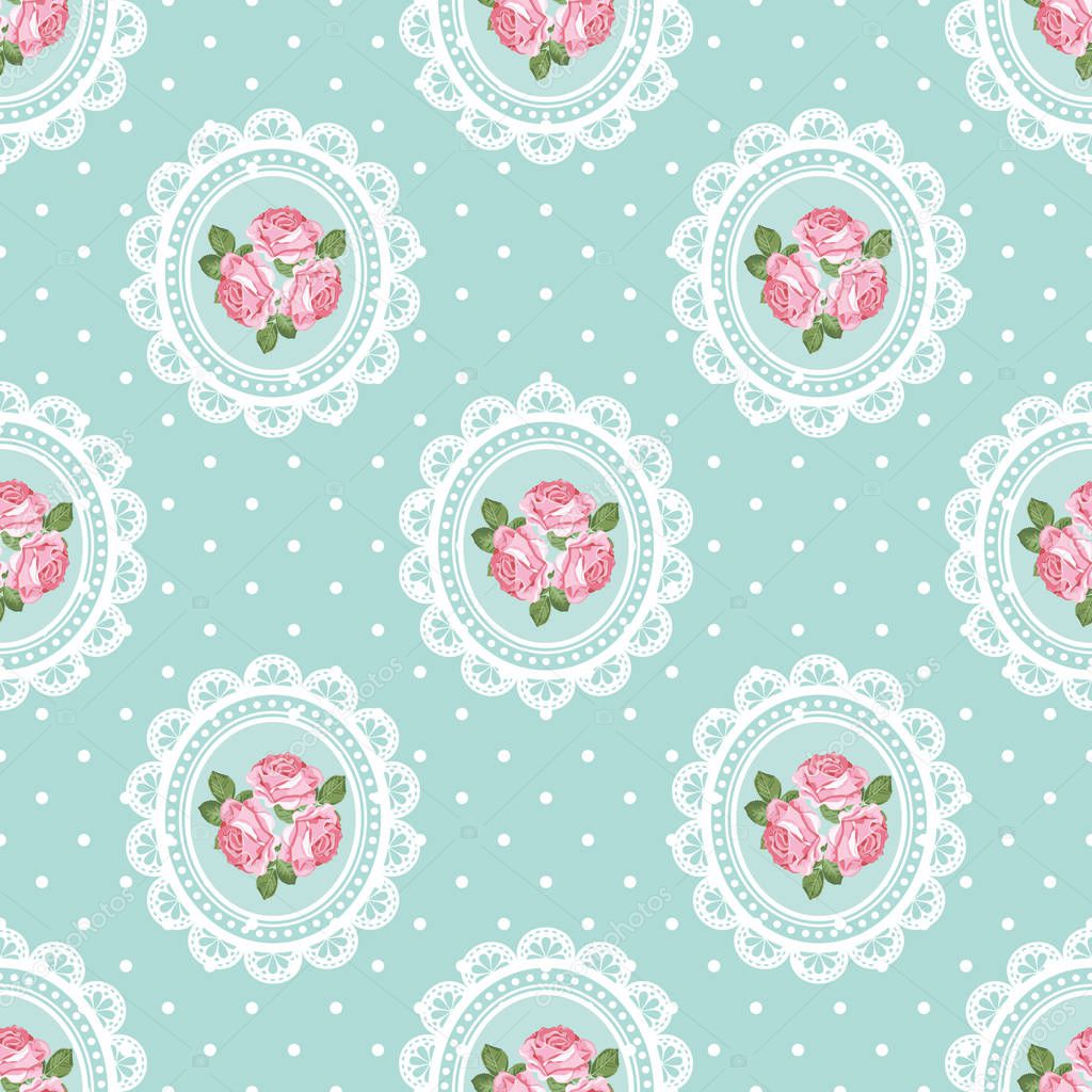 Shabby chic rose seamless pattern on polka dot background