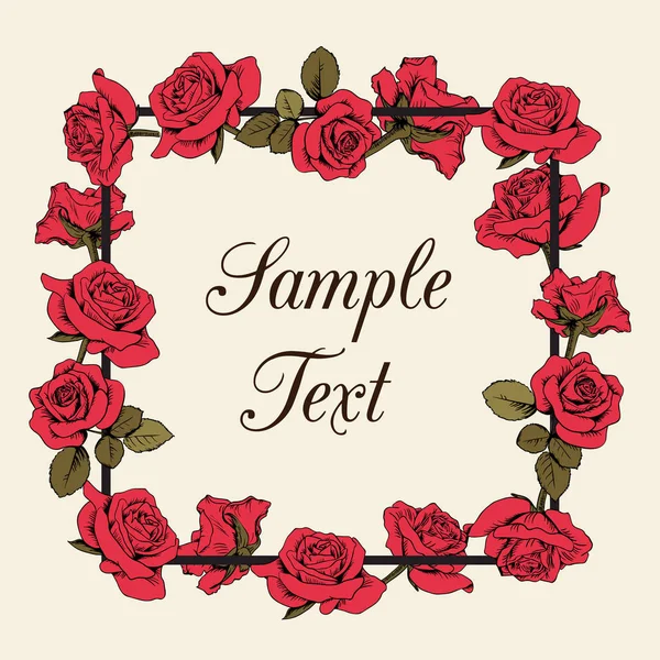 Marco de rosas rojas florales con texto de muestra sobre fondo beige — Vector de stock