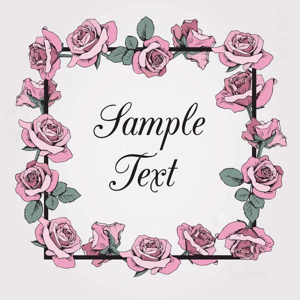 Marco floral con texto de muestra sobre fondo beige. Rosas rosadas . — Vector de stock