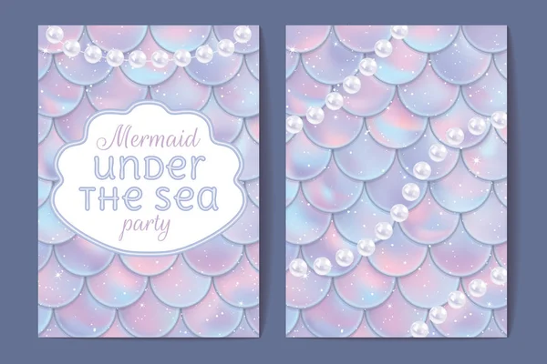 Party invitation. Holographic fish or mermaid scales, pearls and frame. Vector illustration — Stock Vector