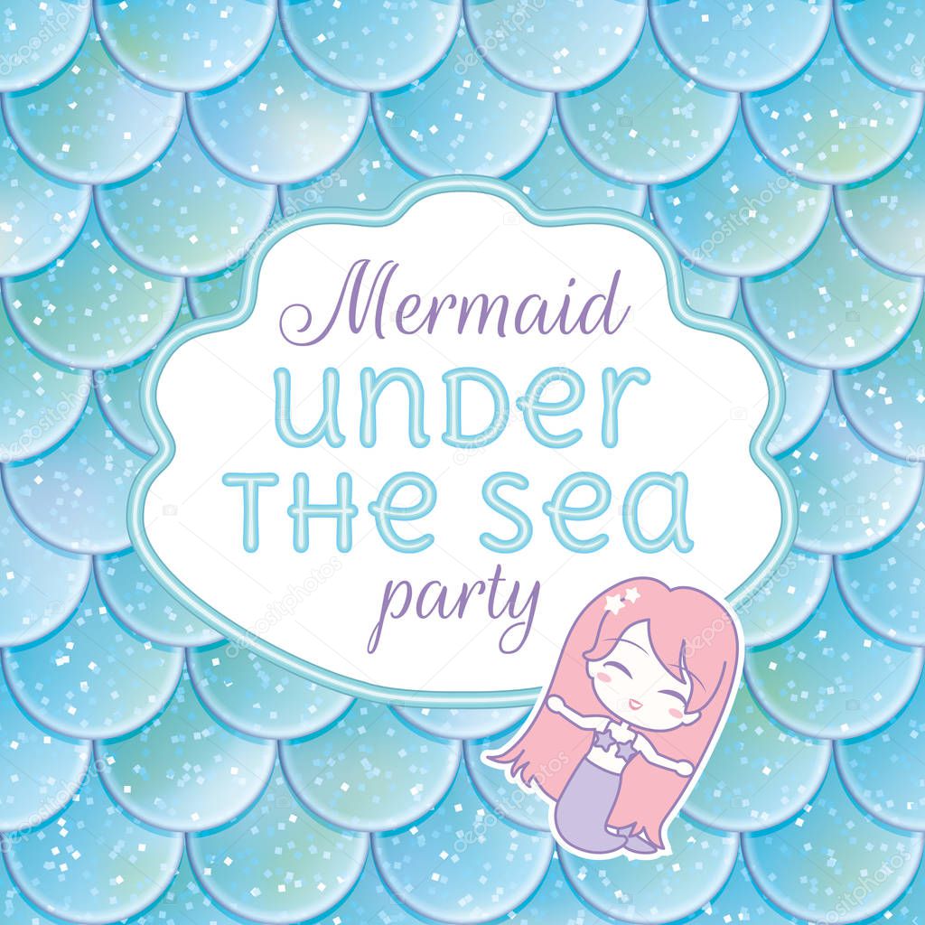 Party invitation. Glittered fish scales, kawaii mermaid stiker and frame. Vector illustration