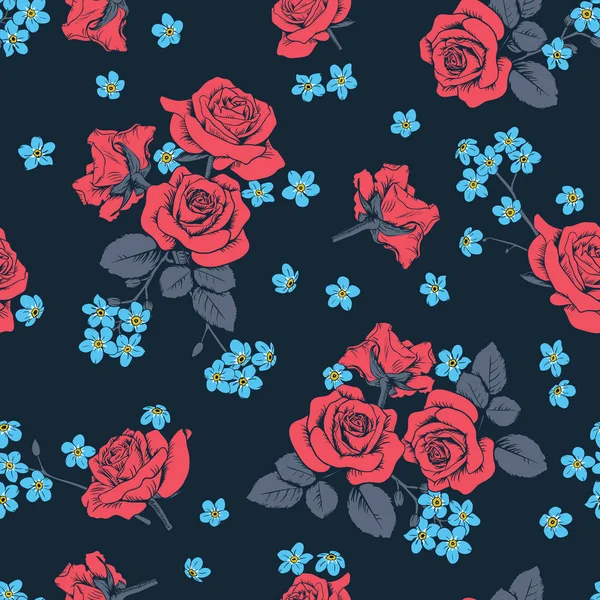 Rosas vermelhas e flores de miosite no fundo azul escuro. Padrão sem costura. Ilusão de vetor — Vetor de Stock