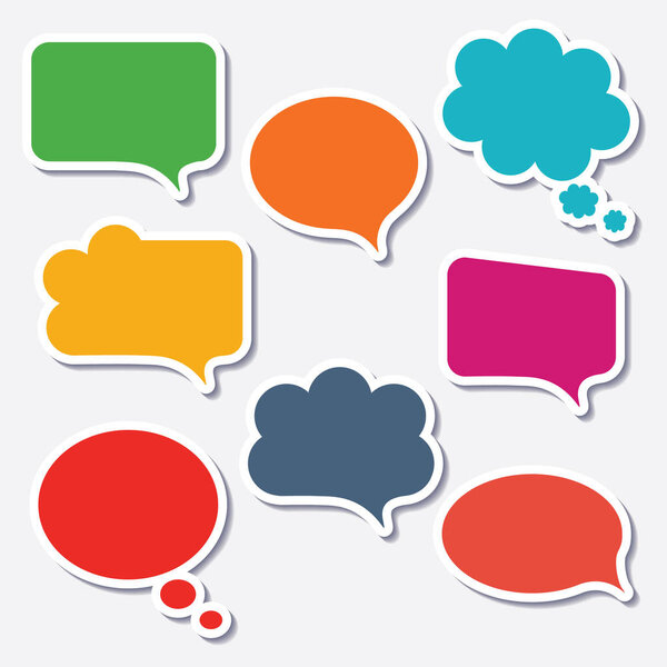 Blank empty colorful speech bubbles collection set with shadows and white border stroke isolated on white background.