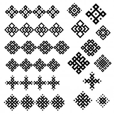 Siyah ve beyaz geometrik tasarım kümesi. İşaret ve sınırları. Vektör çizim