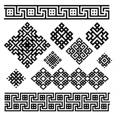 Siyah ve beyaz geometrik tasarım kümesi. İşaret ve sınırları. Vektör çizim