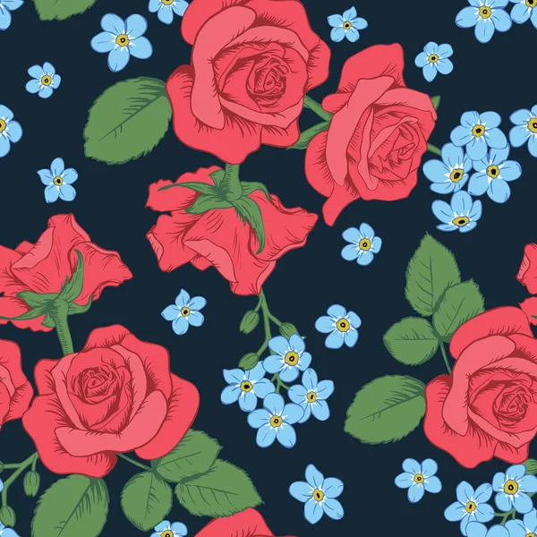 Rosas rojas y flores de miosotis sobre fondo azul oscuro. Patrón sin costuras. Ilustración vectorial — Vector de stock