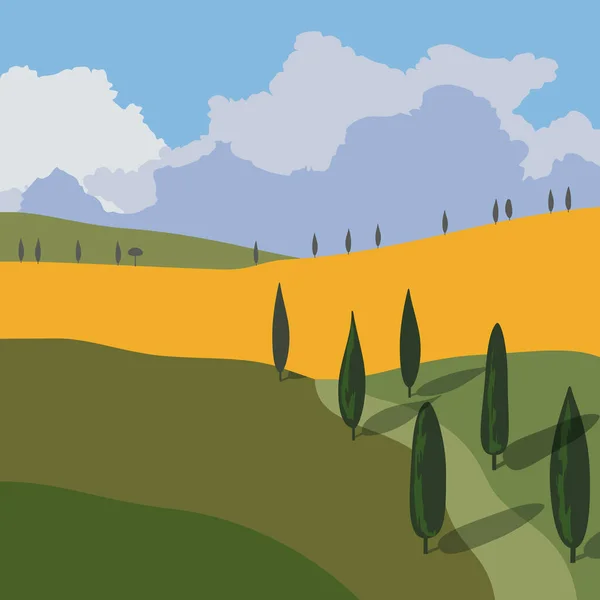 Пейзаж с горами и холмами. Тоскана, отдых на свежем воздухе . — стоковый вектор