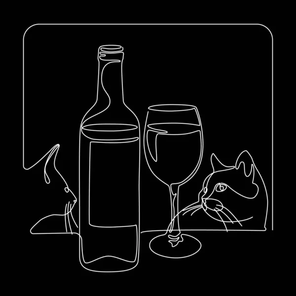 Desenho de linha contínua. Garrafa e copo de vinho. Gatos. Ilustração vetorial . — Vetor de Stock