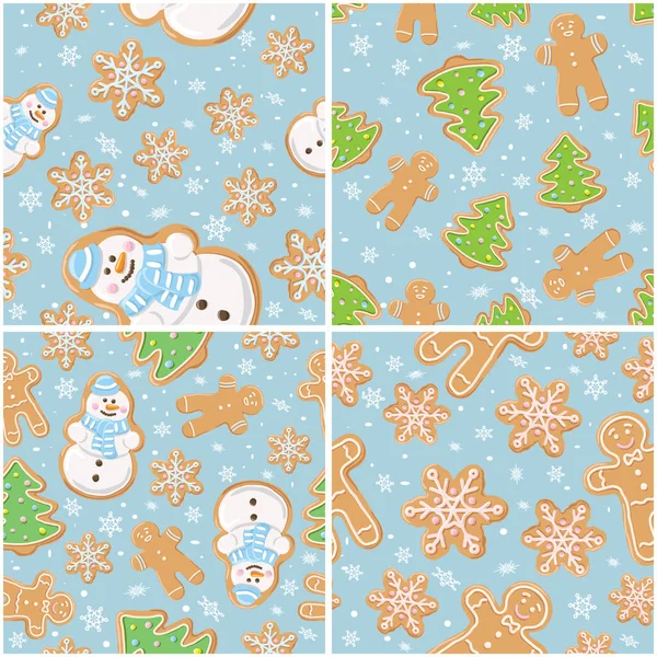 Ginger cookies seamless patterns. Christmas and new year backgrounds set collection. — Stock Vector