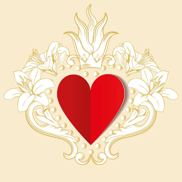 Czerwony papier miłość serce z ozdobną dekoracją kwiatową — Wektor stockowy