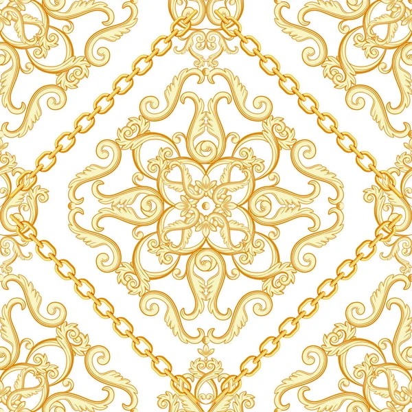 Patrón de damasco sin costuras. Beige dorado sobre textura blanca con cadenas. Ilustración vectorial . — Archivo Imágenes Vectoriales