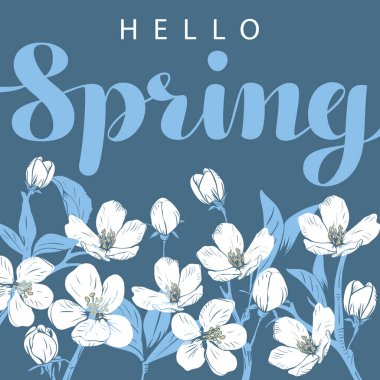 Kiraz çiçeği ve merhaba. Mavi arka planda bahar yazıları.