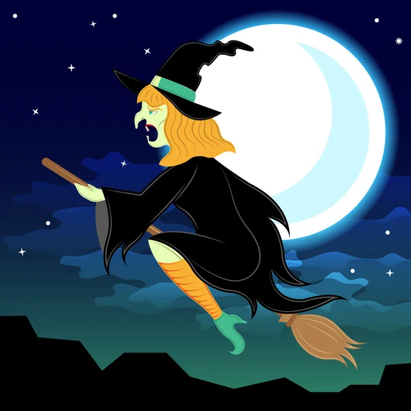 Halloween boszorkány Hold háttér. Boszorkány a seprű. Hold fény táj, a csillagok és a felhők — Stock Vector