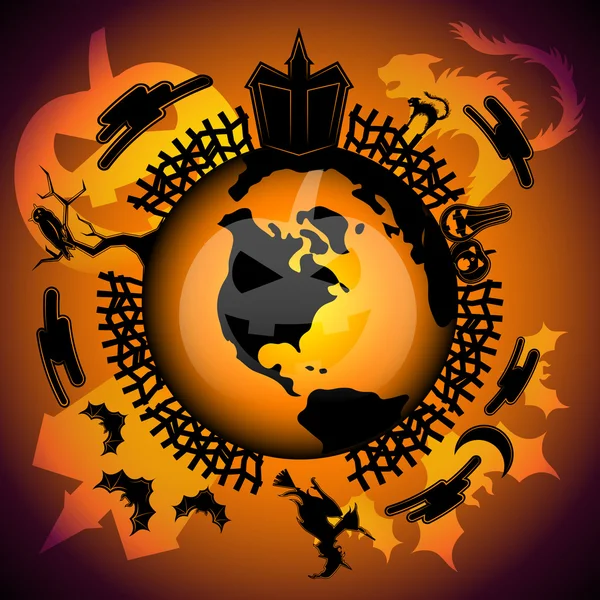 Cadılar Bayramı World.Halloween ABD etrafında. Amerika'da Cadılar Bayramı. Cadılar Bayramı arka plan. Korku evi, deli kedi, kanlı kabaklar, ağaç ve yarasalar üzerinde ay ve bulutlar, çirkin cadı, baykuş.