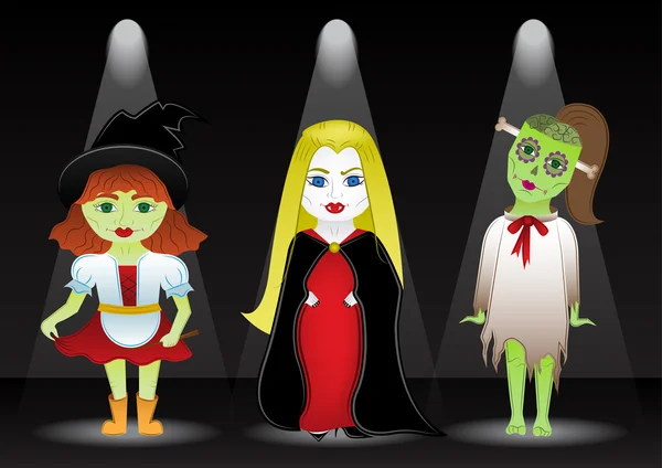 Cadılar Bayramı kızlar. Halloween kılık. Kızıl saçlı küçük cadı, sarışın vampir kız, esmer zombi kız çizgi film tarzı.