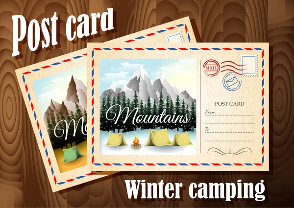 Kartpostal tasarım. Kış Kamp kartpostal ve sonbahar kamp kartpostal ahşap masa arka plan üzerinde vardır. Dağlarda kış.