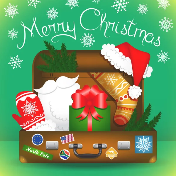 Boldog karácsonyi kártya. Santa Claus utazási bőrönd. Santa Claus elemek. Karácsonyi dekoráció készlet. — Stock Vector