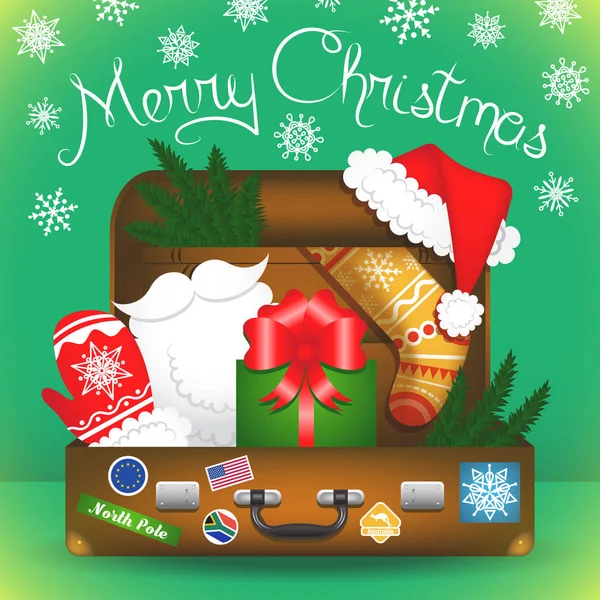 Neşeli Noel kartı. Noel Baba seyahat bavul. Noel Baba öğeleri. Noel dekorasyon ayarla.