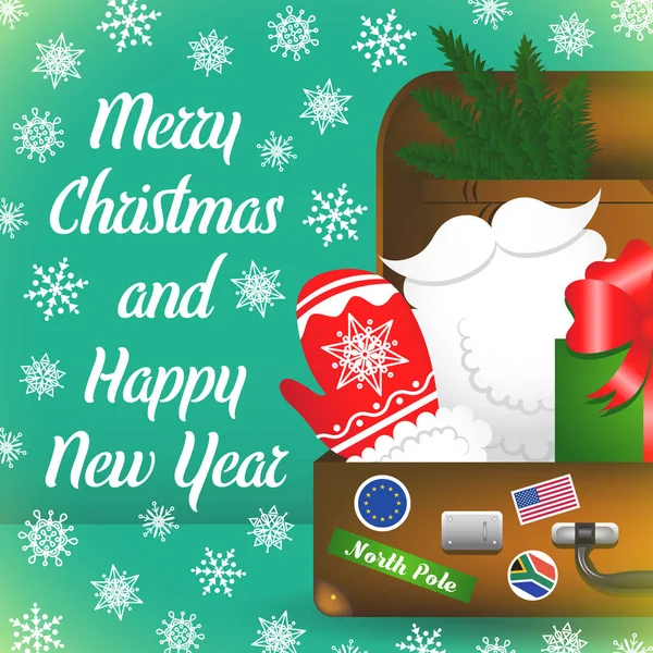 Boldog karácsonyi kártya hópelyhek. Santa Claus utazási bőrönd. Santa Claus elemek. Karácsonyi dekoráció készlet. — Stock Vector