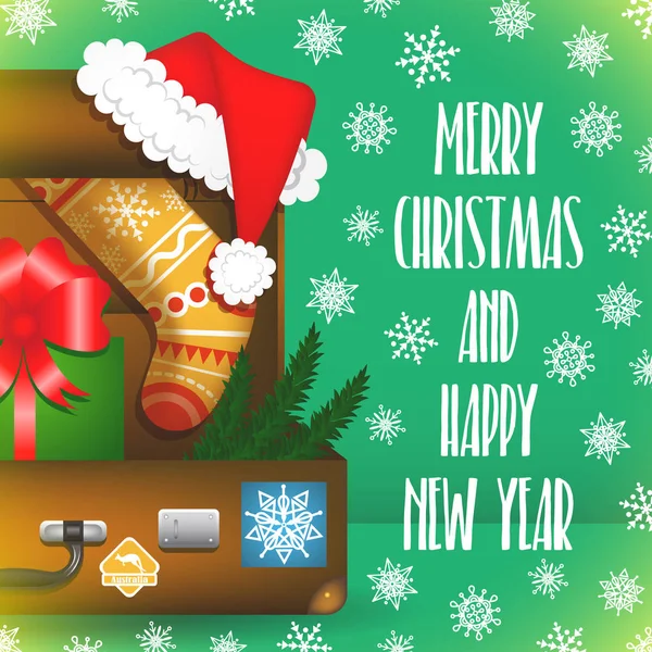 Kar taneleri ile neşeli Noel kartı. Noel Baba seyahat bavul.