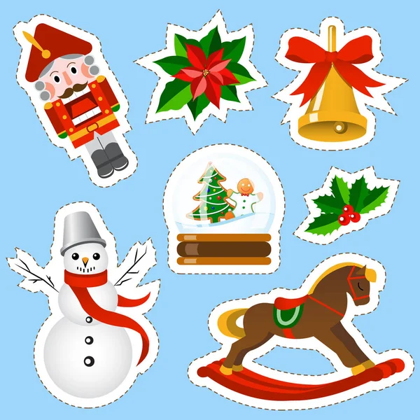Noel çıkartmaları ayarlayın. Noel ve yeni yıl tatilleri çıkartmaları koleksiyonunda karikatür tarzı.