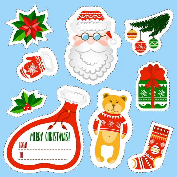 Weihnachtssticker Set vorhanden. Weihnachts- und Neujahrsaufkleber im Cartoon-Stil. Weihnachtsmann-Elemente mit Muster und Ornamenten. — Stockvektor