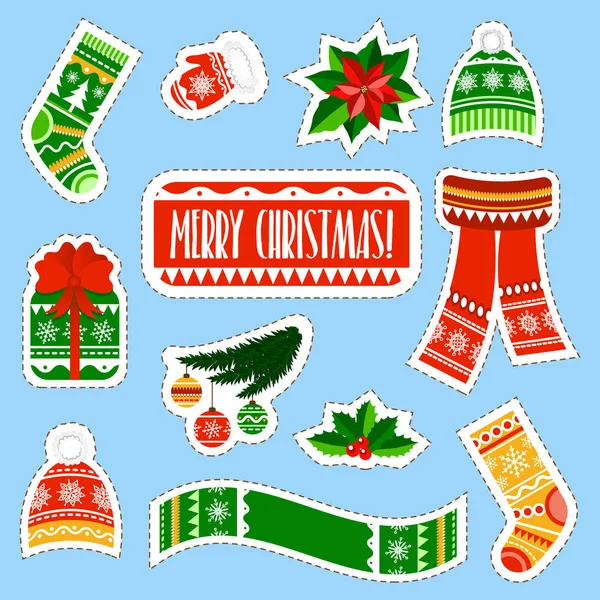 Weihnachtssticker Set vorhanden. Weihnachts- und Neujahrsaufkleber im Cartoon-Stil. Winter Kinder stopfen Aufkleber mit Muster und Ornamenten. — Stockvektor