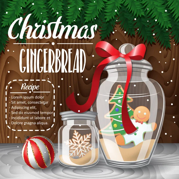 Lebkuchen in Glasgläsern auf hölzernem Hintergrund mit Kugel, Christbaumzweigen und Schnee. Weihnachtsplätzchen, selbst gebackene Lebkuchen im Glas mit Schleife. — Stockvektor