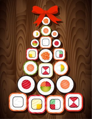Suşi roll kırmızı yay ile Noel ağacı ahşap masa arka plan üzerinde. Noel ve yeni yıl partisi için gıda.