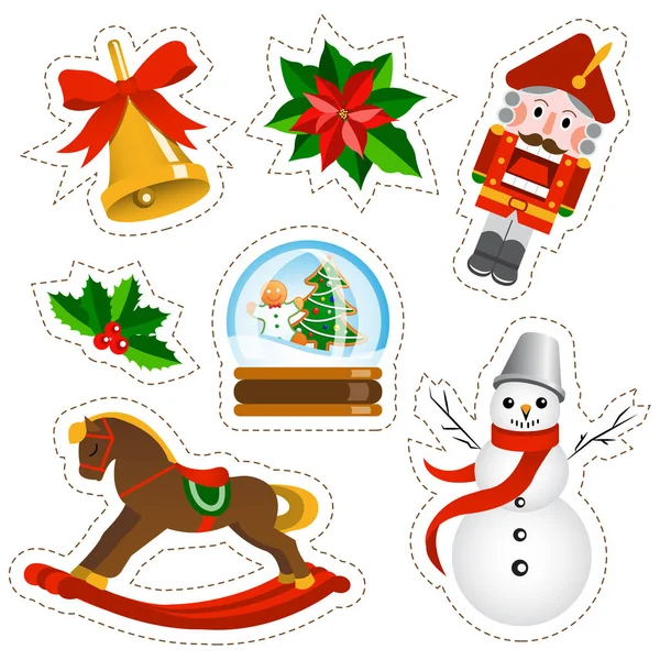 Weihnachtsaufkleber auf weißem Hintergrund. Weihnachts- und Neujahrsaufkleber Kollektion im Cartoon-Stil. — Stockvektor